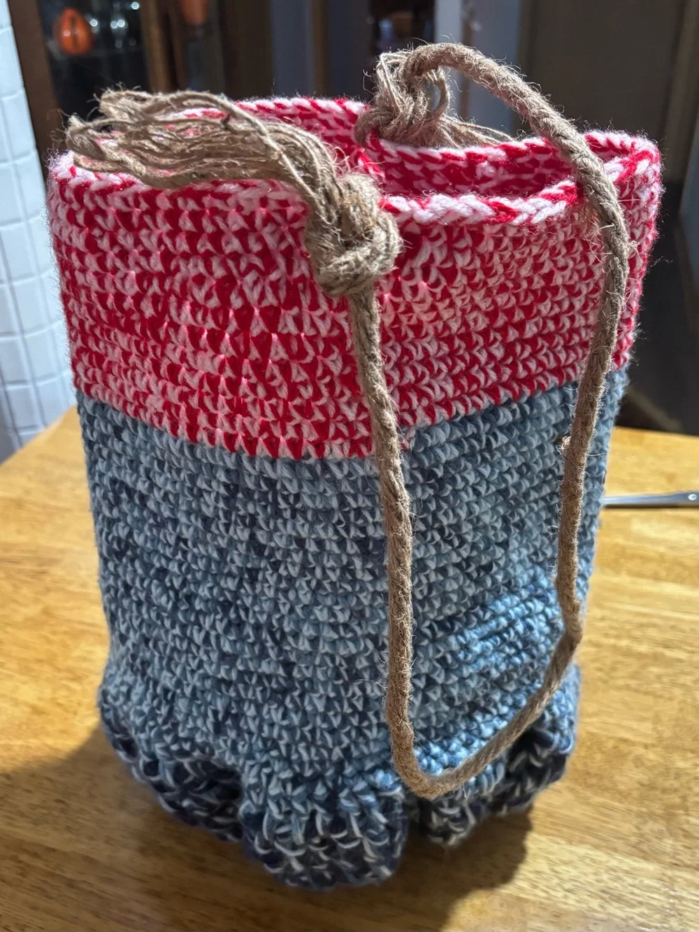 Hand-Crocheted Bucket Bag in Red & Light Blue & Dark Blue